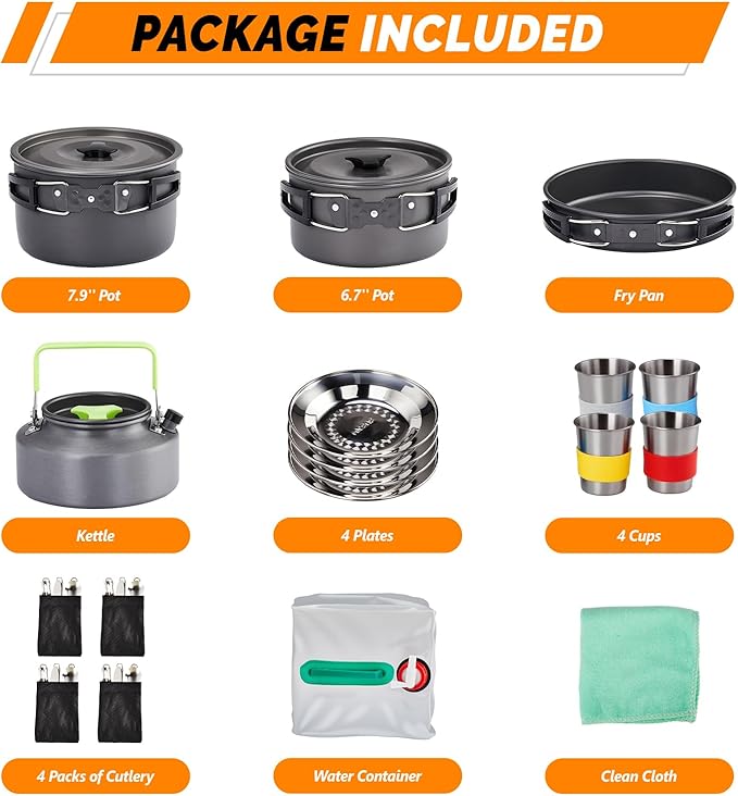 ROVSUN 34/10/6 pcs Camping Cookware Mess Kit, Lightweight Non-Stick Camping Cooking Pot and Pan Set with Stainless Steel Camping Gear Kettle Cup for Open Fire, Backpacking, Outdoor Cooking