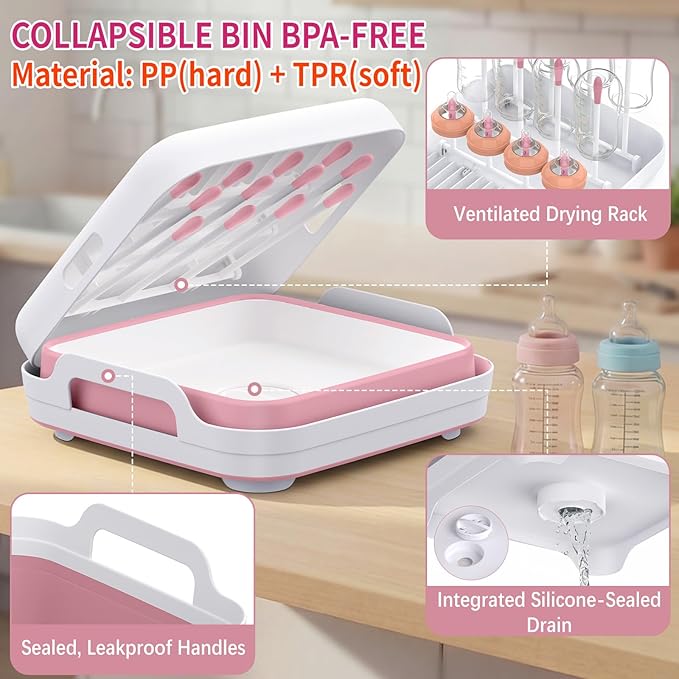Collapsible Wash Basin for Baby Bottles with Drying Rack – 2.4 Gallon Foldable Dish Tub with Handles, Portable RV Camping Sink & Space-Saving Wash Bin with Lid for Kitchen, Travel & Outdoor, Pink