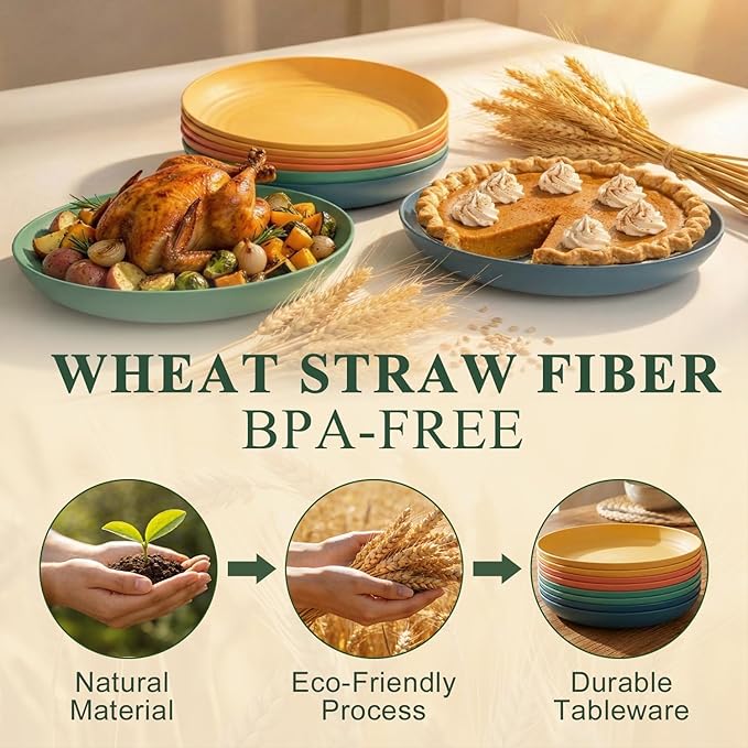 Large Wheat Straw Plates 11 Inch, Unbreakable Dinner Plate Set for 8, Plastic Plates Reusable, Microwave and Dishwasher Safe Kitchen Plate for Holiday, Party, BBQ - Multi