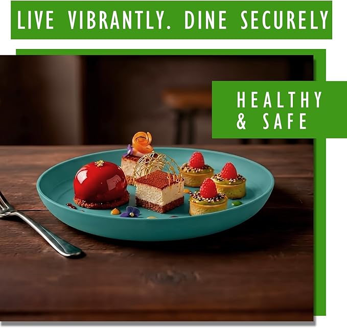 8 Inch Wheat Straw Plates Set of 6, Unbreakable Reusable Plastic Plates, Microwave and Dishwasher Safe Small Dinner Plates for Appetizer, Dessert, Party, Cream, Green