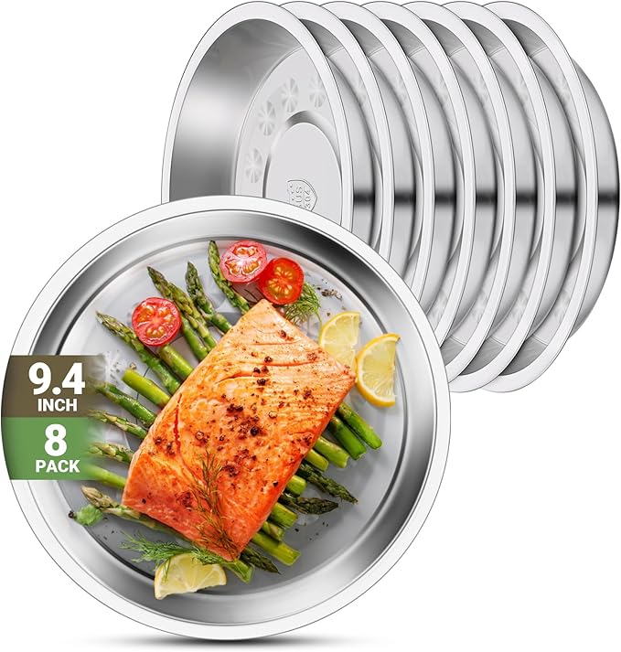 Patterned Deep Metal Camping Plates, 8 Pack 9.4 inch 304(18/8) Stainless Steel Plates, Reusable Pizza Food Serving Snack Eating Salad Dishes Round Shatterproof Silver Dinnerware Dinner Oven