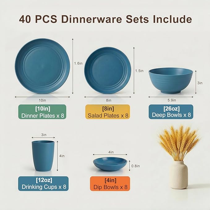 Wheat Straw Dinnerware Sets for 8, Unbreakable Bowl and Plate Set 40 Piece, Reusable Plastic Dish Sets for 8, Microwave and Dishwahser Safe Dining Set, Apartment and Kitchen Essentials - Blue