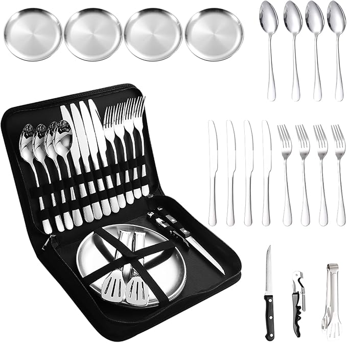 Camping Silverware Silver Picnic Plates and Utensils Set for 4 Portable Tableware Stainless Steel Dinnerware 20 Pieces With Organizer Bag Reusable Durable