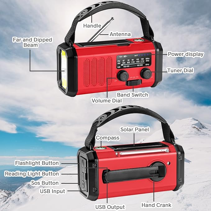 Leaton Weather Radio, Emergency Crank Radio AM/FM/NOAA Solar/Hand Crank/USB Charging,10000mAh /37000mWh Rechargeable Battery, Flashligh Cell Phone Charger for Hurricanes Camping & Home Emergencies