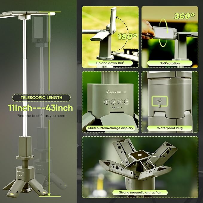 SakerPlus Portable Camping Light, 14000mAh Telescopic Camping Lantern with Rechargeable Power Supply, Dimmable Magnetic Tent Lamps 6000 Lumen Outdoor Work Lights for Hiking,Camping,Home Emergency