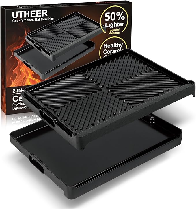 Utheer Stove Top Griddle for Gas & Electric Stove — Flat Top Nonstick Reversible Grill & Griddle Pan for Stovetop Cooking, Lightweight Cast Aluminum, PFAS-Free Ceramic Nonstick, 16.3″ × 13″