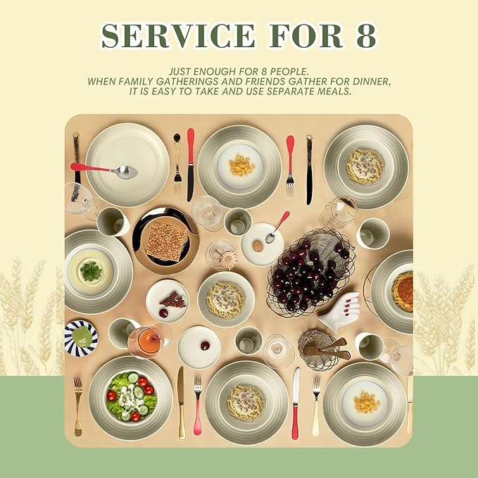 Wrova Wheat Straw Dinnerware Sets of 32,Dishwasher Safe Alternative Plastic Dishes Set Service for 8,Unbreakable Dinner Plates and Bowls Sets for Kitchen,Party,Camping,RV. Beige