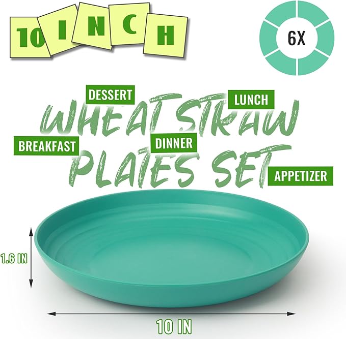 Unbreakable Dinner Plates 6-Piece Set, 10 Inch Wheat Straw Deep Plates, BPA-Free Reusable Plastic Plates, Microwave Safe Dishwasher Safe for Kids, Outdoor, Green