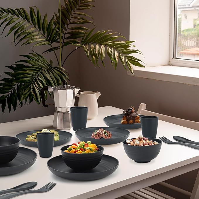 PYRMONT Wheat Straw Dishes Set for 4 Microwave Safe Plates and Bowls Sets 20-Piece Unbreakable Plastic Dinnerware Sets Alternative Dishwasher Plastic Plates for Kitchen,Outdoors-Dark Grey