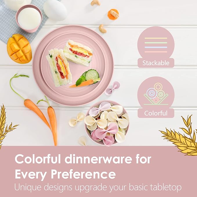 Teivio 16-Piece Kitchen Plastic Wheat Straw Dinnerware Set, Service for 4, Dinner Plates, Dessert Plate, Cereal Bowls, Cups, Unbreakable Plastic Outdoor Camping Dishes,Pink
