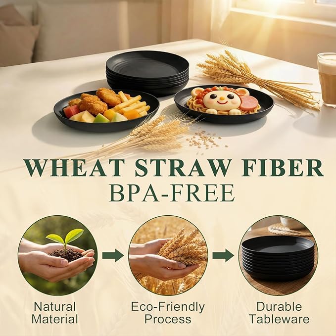 Dinner Plate 8 Inch, Unbreakable Wheat Straw Plates Set for 8, Alternatives to Plastic Plates Rusable, Microwave Safe Dessert Plate for Camping, Picnic, Party - Black
