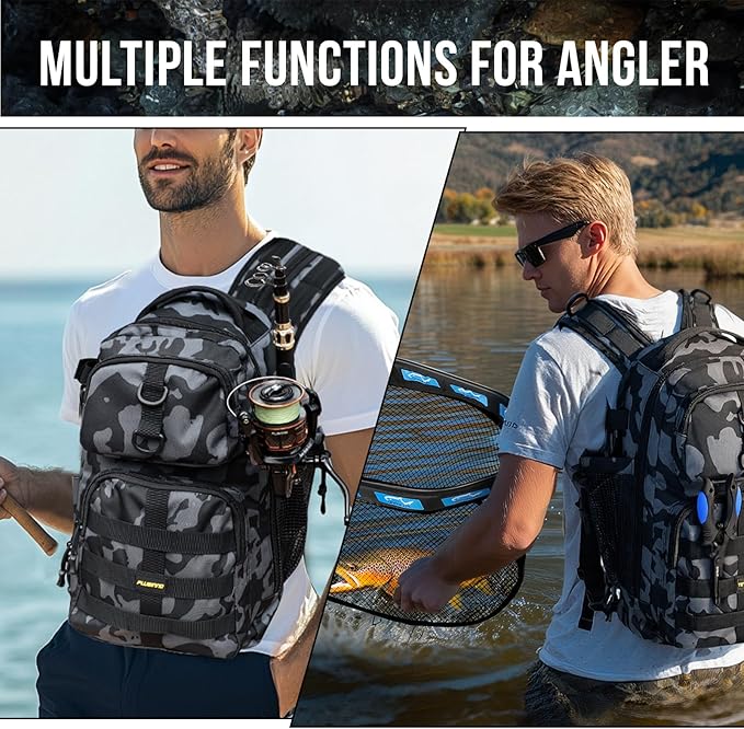 PLUSINNO Fishing Backpack with Floating Fishing Net, Tackle Boxes, Waterproof Sling Tackle Bag For Fish Gear With Rod Holder, Gifts for Men