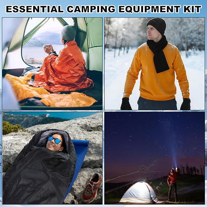 Chicingyou 8 Pcs Portable Emergency Thermal Blanket Camping Sleeping Bag Solar Rechargeable Flashlight Emergency Safety Whistle Gloves Scarf Socks Beanie Set for Camping Hiking Travel Hunting(Orange)