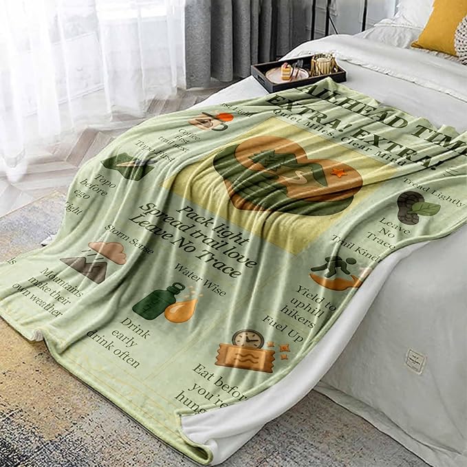 Hiking Throw Blanket 60x50 - Flannel Camping Blanket, Topo Map Style Mountain Print, Backpacking Gift for Hikers, Soft Travel Couch/Bed Throw, Women & Men