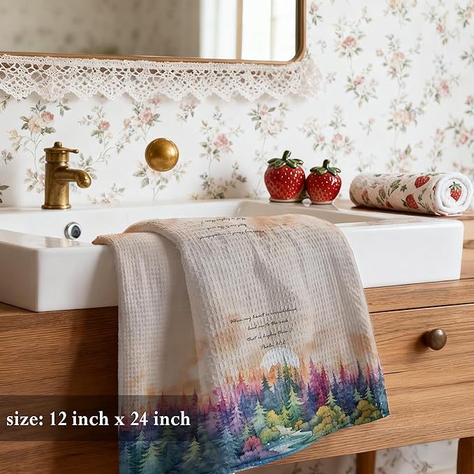 Watercolor Forest Christian Kitchen Towels 16x24,Christian Gifts for Women，Psalm 61:2 Bible Verse Religious Hand Towels for Bathroom Kitchen