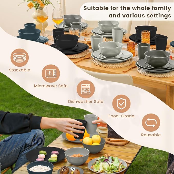 Homienly Premium 40 PCS Wheat Straw Dinnerware Set - Dinner Plates, Cereal Bowls, Unbreakable Cups Set, Microwave and Dishwasher Safe Dishes Set, Reusable Lightweight Dish Sets for Kitchen(Black Grey)