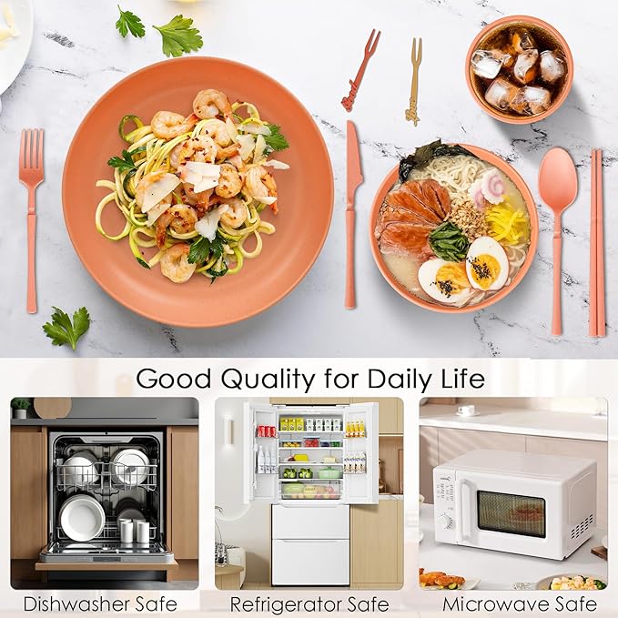 66pcs Unbreakable Tableware Sets for 6 People, Plastic Plates and Bowls Set,Lightweight Plastic Reusable Plates, Bowls, Cups,Cutlery Set, Straw, Forks,Children Dinnerware Set
