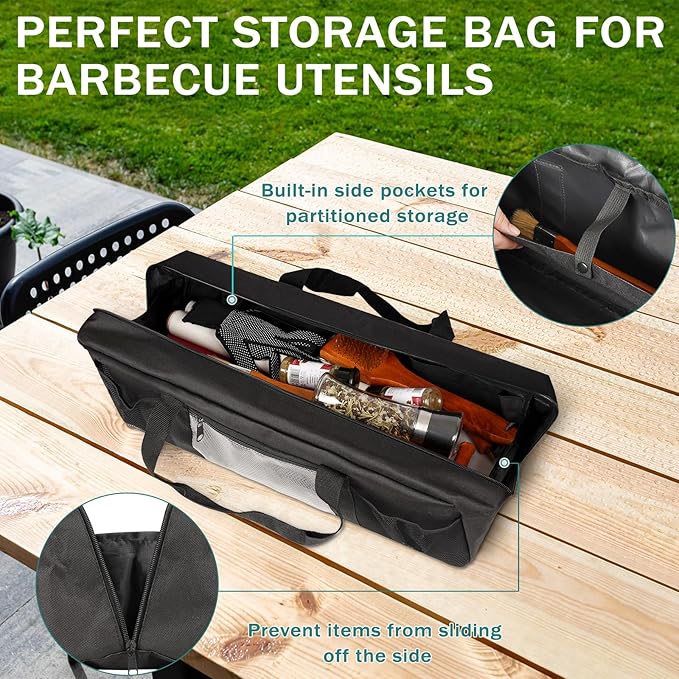 Grill Tool Storage Bag, Large Grill Utensil Storage Caddy with Pockets, BBQ Tools Storage Bag for Outdoor Camping (Black)