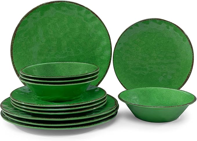 LEHAHA Vintage Crackle Melamine Dinnerware Sets, 12 Piece Plates and Bowls Sets, Great for Camping, RV. Durable and Chip Resistant Farmhouse Dishes Set, Service for 4(Green)