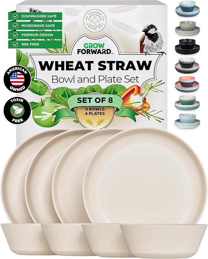 Grow Forward Premium Wheat Straw Plates and Bowls Sets - 8-Piece Wheat Straw Dinnerware Sets - Unbreakable & Reusable Microwave Safe Plastic Dinner Plates for Outdoors, RV, Camping Dishes - Sahara