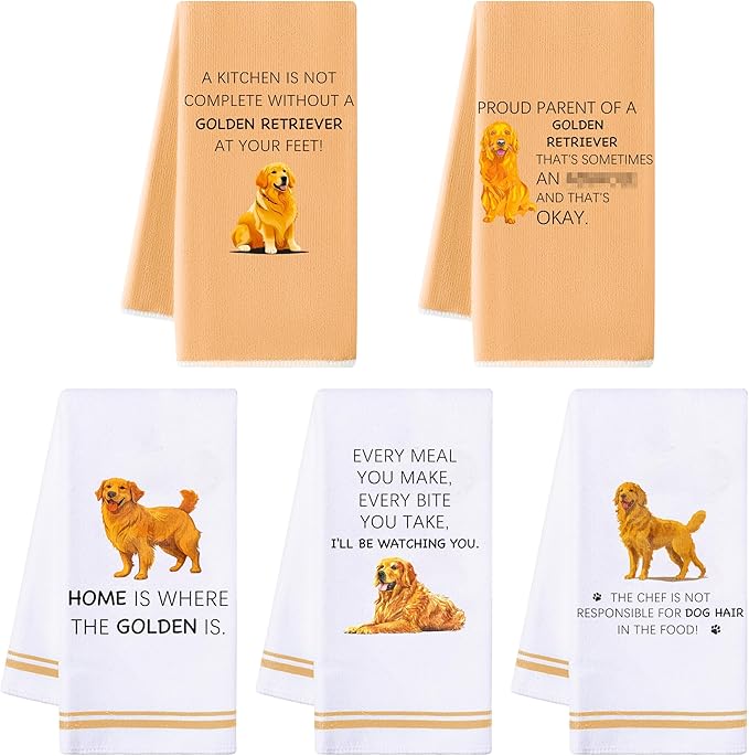 R HORSE Golden Retriever Kitchen Dish Towels - 5Pcs Funny Dog Themed Absorbent Kitchen Dish Cloths for Golden Retriever Lovers, Cleaning Hand Towels Funny Housewarming for Dog Owners