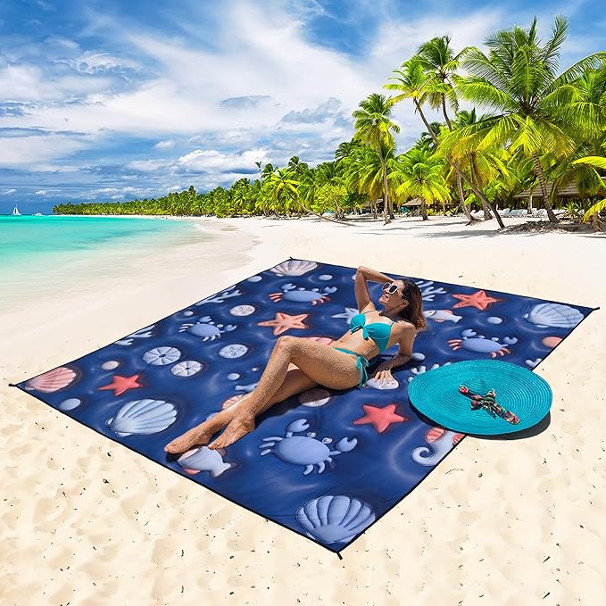 WIWIGO Beach Blanket Waterproof Sandproof Beach Mat 79" X 83"/10'x9'for 2-8 Adults Quick Drying Outdoor Picnic Mat Beach Accessories for Travel, Camping, Hiking