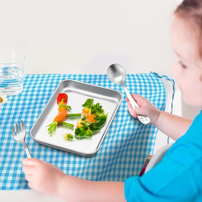 E-far Stainless Steel Kids Plates, 4 Pieces Small Metal Dinner Dish Set for Kids Toddler Child, 9.4” x 7.3” x 1”, Non-Toxic & Dishwasher Safe, Great for Self-Feeding/Picnic/Outdoor Camping