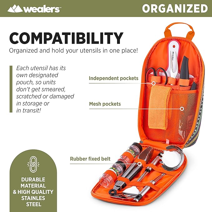 Wealers Camp Kitchen Cooking Utensil Set Travel Organizer Grill Accessories Portable Compact Gear for Backpacking BBQ Camping Hiking Travel Cookware Kit Water Resistant Case