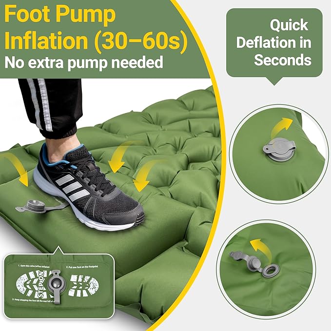 Camping Sleeping Pad, Backpacking Sleeping Pad with Built-in Pillow and Foot Pump, 4in Thick Compact Inflatable Camping Air Mattress for Hiking Tent Road Trip Car Camp Travel Gear