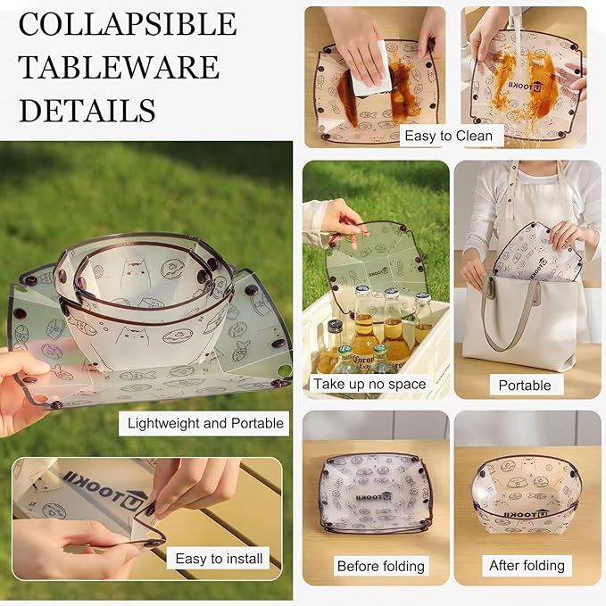 MIUPOO Collapsible Plate Set,Portable Mess Kit,Food Grade Material Free Folding Plate for Lunch Family Picnic, 8×7.5×2.2 Inches,4 Pieces.
