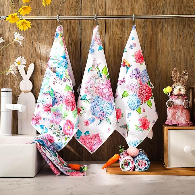 Oudain 6 Pcs Spring Kitchen Towels Decor Hydrangea Hummingbirds Floral Dish Hand Tea Towels Camper Towel Dish Drying Towel for Kitchen Spring Party Holiday Supply Bathroom Housewarming Gift