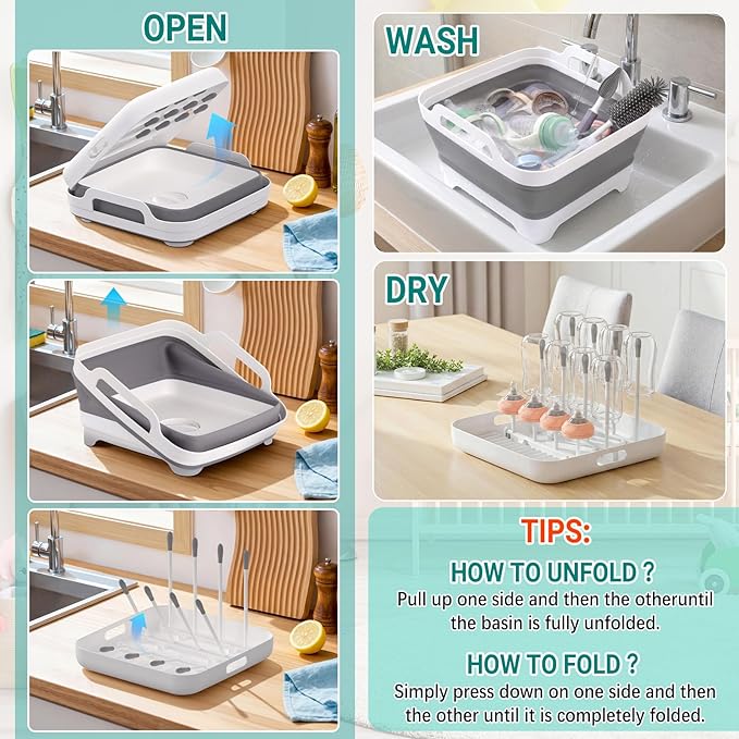 Yecuip Collapsible Wash Basin for Baby Bottles with Drying Rack – 2.4 Gallon Foldable Dish Tub with Handles, Portable RV Camping Sink & Space-Saving Wash Bin with Lid for Kitchen, Travel & Outdoor