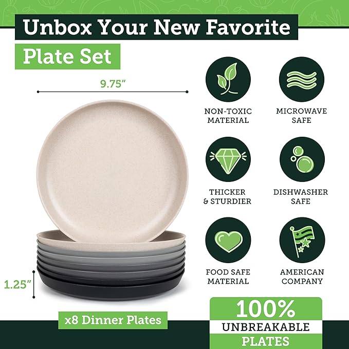Grow Forward Premium Wheat Straw Plates - 10 Inch Reusable Hard Plastic Dinner Plates Set of 8 - Unbreakable Microwave Safe Plates for Dessert, Camping, RV, Outdoors, Patio, Kitchen Dishes - Moonlight