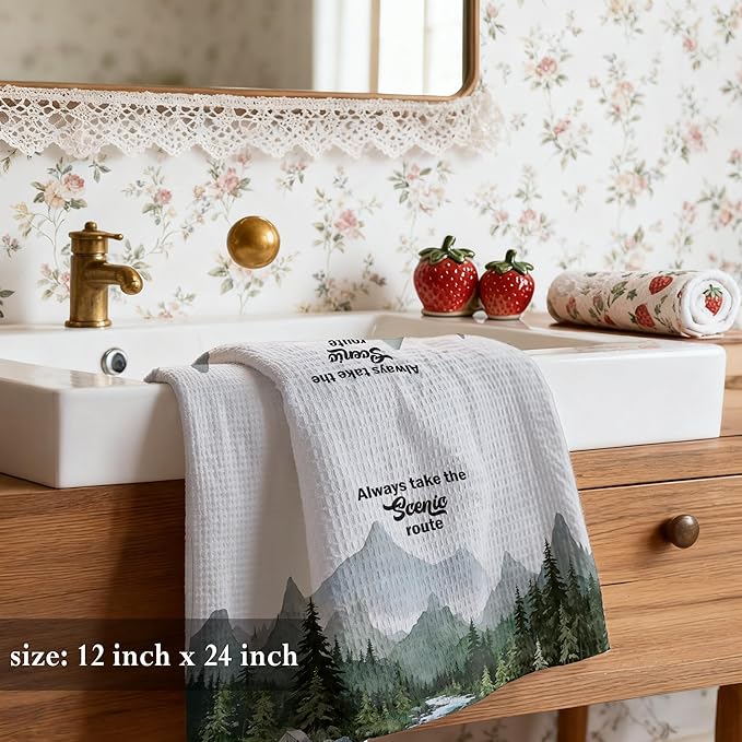 Camping Forest Scenic Mountain Nature Kitchen Towels 16x24,Camper Lover Gifts,Always Take The Scenic Route Forest Green Camping Rv Hand Towels for Bathroom Kitchen