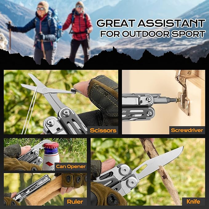 BIBURY Multitools BI2038C, 22-in-1 Stainless Steel Pocket Knife with Scissors, Foldable Self-locking EDC Multi tools Pliers with Sheath for Outdoor Hunting Survival Camping Simple Repair