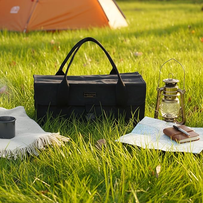 Flip Lid Camping Tool Bag, 15" Multi-Container Storage Soft Case, Water-Resistant Camping Tool Tote for Tent Stakes, Cooking Gear, Cutlery, Utensil, Flatware, Tea Kettle and Tools, Black