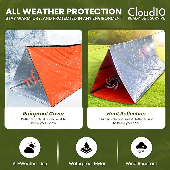CloudTen Emergency Tent: Lightweight 2 Person Survival Tent with Multi-Function Paracord Bracelets - Essential Survival Gear & Bug Out Bag Items for Preppers, Hikers, Survivalists, Campers, Boy Scouts