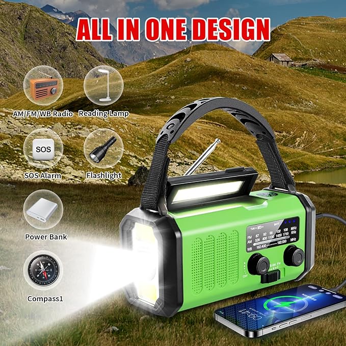 Leaton Emergency Radio with Solar/Hand Crank/USB Charging, 10000mAh Rechargeable Battery,NOAA/AM/FM Weather Radio with Multi-Function Flashlight and Cell Phone Charger for Indoor/Outdoor Emergencies