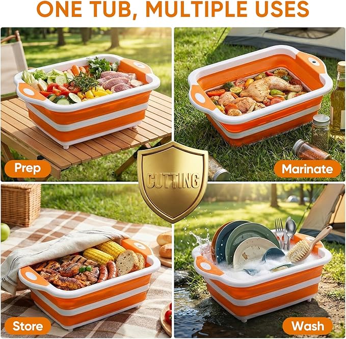 Collapsible BBQ Prep Tub with Lid, Foldable Camping Sink with Colander, Cutting Board, Dish Basin for Kitchen, Bowl, Vegetable and Fruit, Storage Basket for Picnic-Orange
