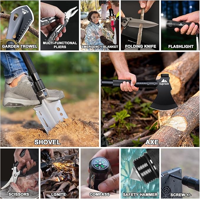 Survival Shovel High Carbon Steel Tactical Shovel Axe Folding Entrenching Tool Camping Hiking Shovel Carrying Pouch Car Emergency Survival Gear