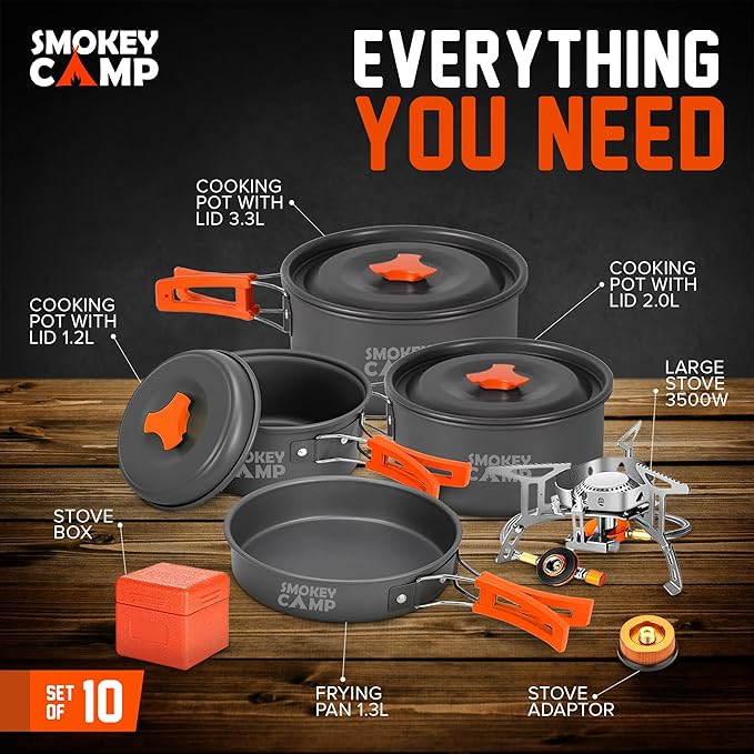 Smokey Camp Camping Cookware Mess Kit Set with Stove - Backpacking Camping Pots and Pans Set, All in One Non-Stick Camping Cooking Set, Portable Stove, Hiking, Picnic, Outdoor & Camping Cookware Set