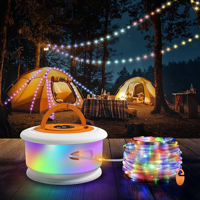 TOHETO Camping String Lights, 3 in 1 Upgraded Retractable RGB Outdoor String Lights with 19 Lighting Modes,Quick 30s Recovery, 32.8 FT Portable Tent Lights, Rechargeable Camping Lantern (White&Orange)