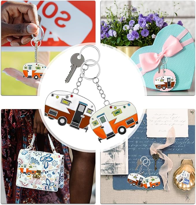 2 Pack Camper Keychain Set Happy RV Camper Keyring Couples Camping Accessories for Men Women Travel Trailers