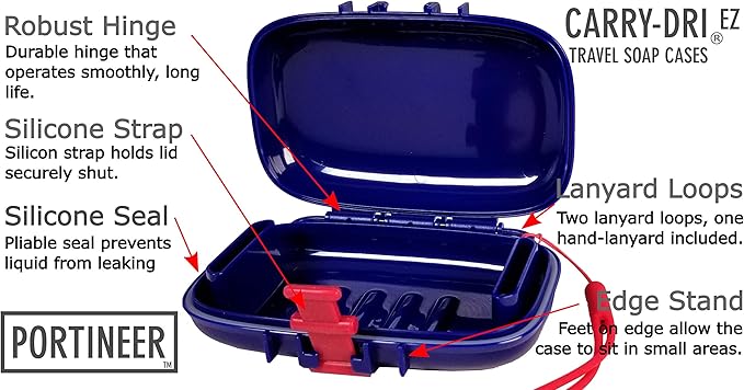 Carry-Dri EZ Travel Bar Soap Container & Dish - Dries with Patented Air Vents - Durable Leakproof Soap Holder - Compact Soap Bar Case - Ultimate Portable Soap Box for Traveling - Blue-Red