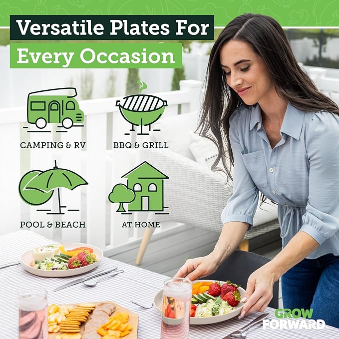 Grow Forward Premium Wheat Straw Plates - 10 Inch Reusable Hard Plastic Dinner Plates Set of 8 - Unbreakable & Microwave Safe Dishes for Dessert, Camping, RV, Outdoors, Patio, Kitchen - Sahara