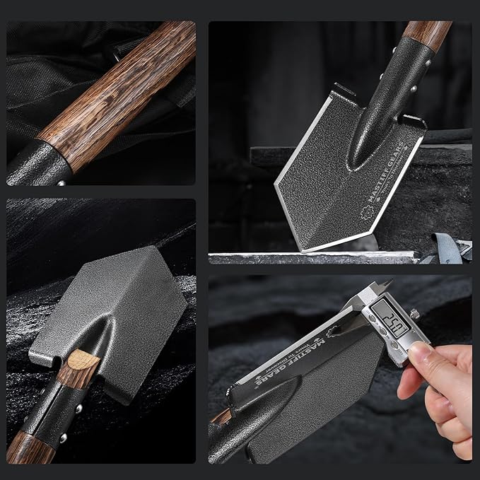MASTIFF GEARS Tactical Survival Shovel - 43cm/17in, Axe/Machete Replacement, HRC 42-48 1050 Steel Spade, Hand-Carbonized Hardwood Handle & MOLLE Sheath for Camping Hiking Off-Roading Emergency