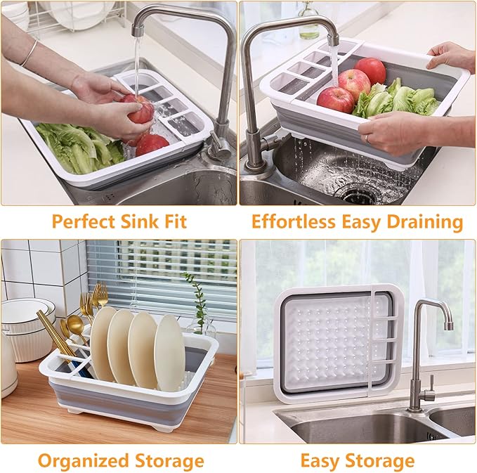Goderewild Collapsible Dish Rack with Drainboard for Drying Dishes - Space-Saving Foldable Design with Dinnerware Storage Tray/Basket - Perfect for Kitchen Counter Organization