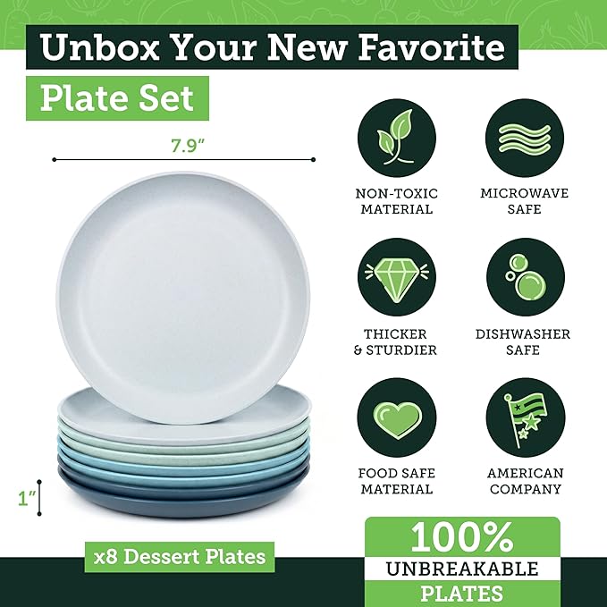 Grow Forward Premium Wheat Straw Plates - 8 Inch Reusable Hard Plastic Dinner Plates Set of 8 - Unbreakable Microwave Safe Plates for Dessert, Camping, RV, Outdoors, Patio, Kitchen Dishes - Seascape