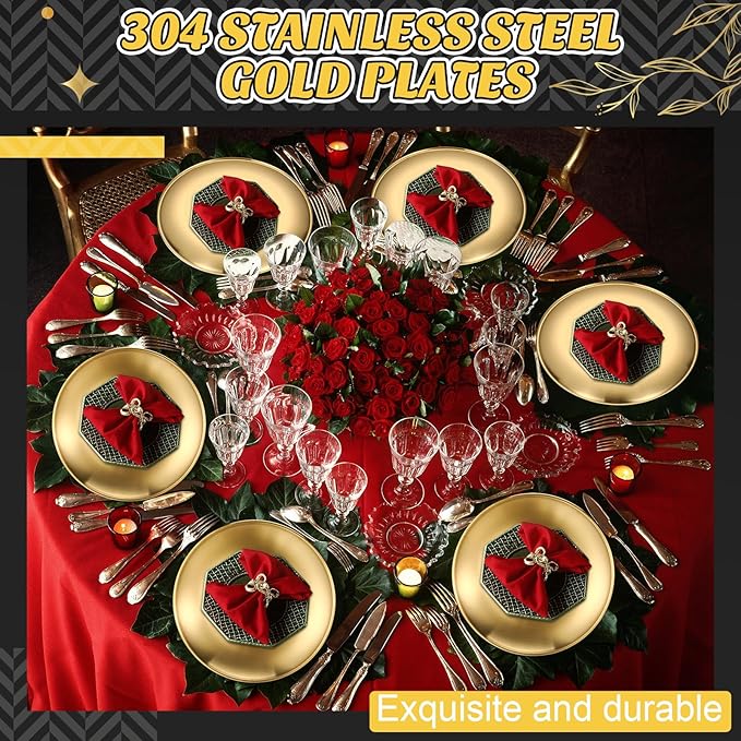 Uiifan 40 Pcs 304 Stainless Steel Dinner Plates Gold 8 Inch Platter Serving Flat Metal Dessert Salad Camping Plates Kitchenware Dinner Dishes for BBQ Snack Steak Food Serving Dishwasher Safe