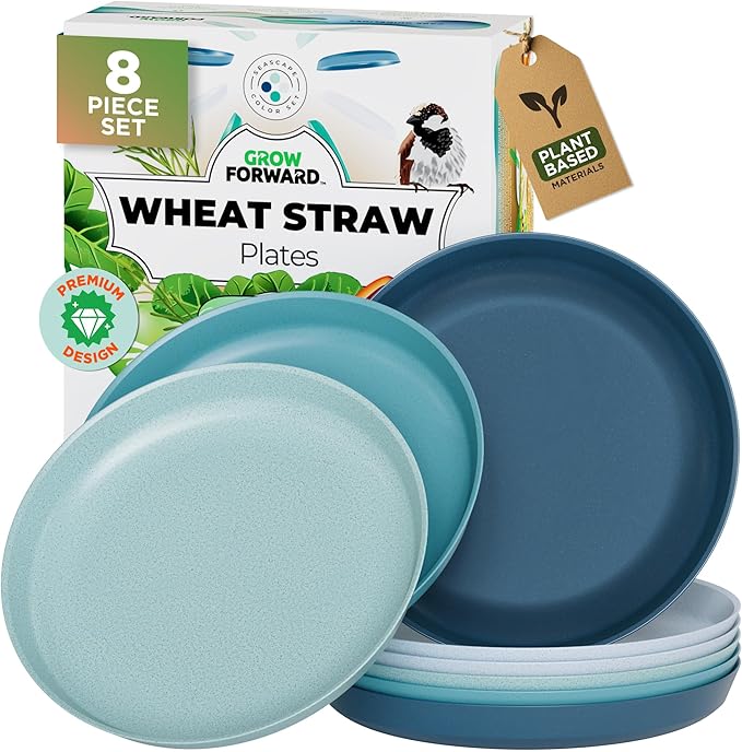 Grow Forward Premium Wheat Straw Plates - 10 Inch Reusable Hard Plastic Dinner Plates Set of 8 - Unbreakable Microwave Safe Plates for Dessert, Camping, RV, Outdoors, Patio, Kitchen Dishes - Seascape